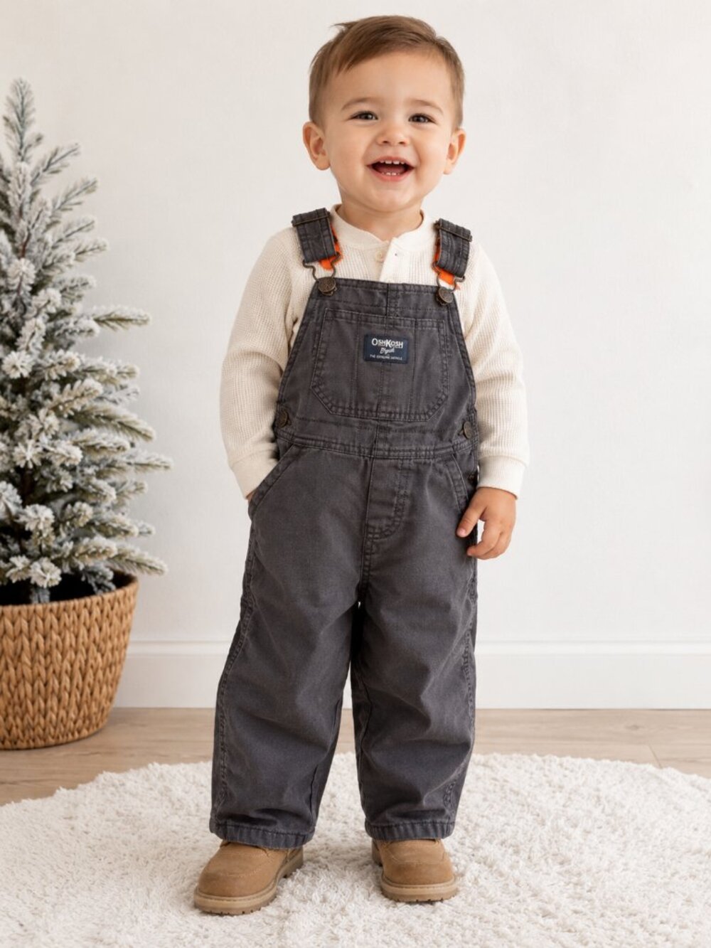OshKosh B’gosh Fleece Lined Overalls 24M Gray Orange Winter Snow Bibs Toddler